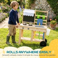 AIYAPLAY Modderkeuken Kinderen Outdoor, Speelkeuken van Hout met Kraan, Gootsteen, Fornuis, Opbergruimte, Watertank, Natuurlijk Hout(m-5)