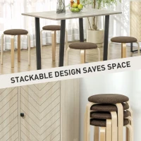 HOMCOM Tapicerowane taborety w zestawie 4, sztaplowane, lakierowane, drewniane nogi, brązowe(m-4)