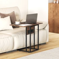 HOMCOM C Shaped Side Table with Charging Station and Foldable Top - Rustic Brown(m-2)