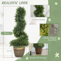 HOMCOM Set of 2 Artificial Plants, Topiary Spiral Boxwood Cypress Trees with Pot, for Home Indoor Outdoor Decor, 90cm(m-4)