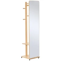 HOMCOM Miroir sur Pied avec roulettes - Portant, 4 patères étagère MDF Aspect Bois Clair(m-12)