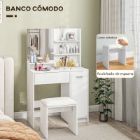 HOMCOM Tocador de Maquillaje con Taburete Espejo Cajón Estante Ajustable y Estantes Abiertos Anti-vuelco Blanco y Beige(m-7)