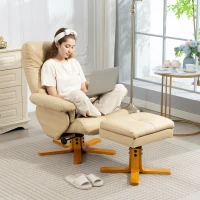 HOMCOM PU Leather Swivel Recliner Chair with Footstool, Wooden Base and Storage for Living Room, Beige(m-9)