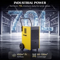 DURHAND Przemysłowy osuszacz powietrza 70L/dzień z kołami i uchwytem, wężem odpływowym, timerem 24-godzinnym, zbiornikiem 5,5L, żółty(m-4)