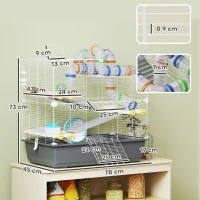 PawHut Cușcă pentru hamster pitic, 4 nivele, sistem de tuneluri, căsuță, accesorii, deschidere superioară, 78 x 45 x 73 cm, Gri(m-3)