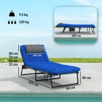 Outsunny Leżak z 4-stopniowym regulowanym oparciem, poduszką, boczną kieszenią i zagłówkiem, 68 x 189 x 33 cm, niebieski(m-3)