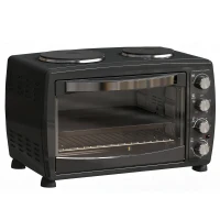 HOMCOM 36L Small Oven with 2 Hot Plates, Countertop Toaster Oven, Grill, Roast, Bake, Boil, with Timer, Adjustable Temperature, Electric Oven with Baking Tray, Grill Rack, Crumb Tray, 2600W, Black(m-1)