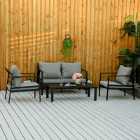 Outsunny Ensemble salon de jardin 4 pièces canapé 2 places + 2 fauteuils + table basse plateau à lattes 8 coussins rembourrage épais déhoussables aluminium gris noir(m-10)