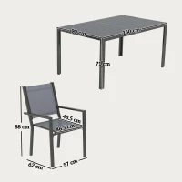 Outsunny Set Masă de Grădină cu Scaune, 7 Piese, Set de Prânz cu Masă cu Blat din Lemn Compozit cu Șipci și 6 Scaune de Exterior Stivuibile, Mobilier din Oțel cu Texteline, Gri și Negru(m-3)