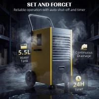 DURHAND Przemysłowy osuszacz powietrza 70L/dzień z kołami i uchwytem, wężem odpływowym, timerem 24-godzinnym, zbiornikiem 5,5L, żółty(m-5)