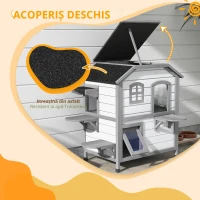 PawHut Casă pisici, Căsuță pisici, Peșteră pisici, 2 Etaje, rezistentă la intemperii, 78,1 cm x 55,2 cm x 90,8 cm, Alb + Gri(m-7)