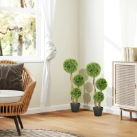 HOMCOM Decorative Artificial Trees Boxwood Ball Topiary Trees Set of 2 in Pot, Fake Plants for Home Indoor Outdoor Decor(m-7)