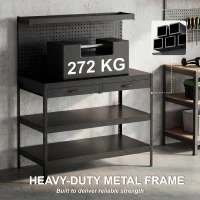 HOMCOM Stacja robocza z regulowanymi półkami, solidna stacja robocza z perforowaną płytą i 2 szufladami, 122 x 61 x 156 cm, Czarna(m-5)