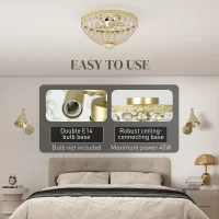 HOMCOM Crystal Chandelier Ceiling Light with 168 Octagonal Beads, Vintage 2-Light Flush Mount Ceiling Light for Living Room, Bedroom, Hallway, Dining Room, Gold Tone(m-5)