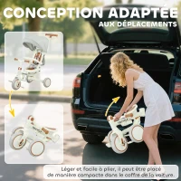 AIYAPLAY Triciclo de bebê evolutivo 5 em 1, triciclo infantil dobrável com alça regulável, capota removível, para 1-3 anos, creme(m-4)