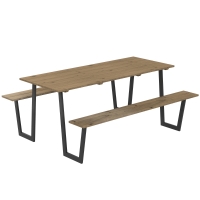 Outsunny Conjunto mesa e bancos de madeira estilo cervejaria, mesa de piquenique em madeira com bancos, 175 cm, furo para guarda-sol, castanho