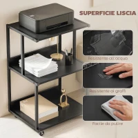 HOMCOM supporto stampante 3 livelli con ruote, tavolino industriale metallo ufficio, nero.(m-6)