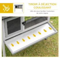 PawHut Clapier sur pieds cage à lapin avec niche intérieure plateau excrément coulissant porte verrouillable toit ouvrant bois de sapin gris blanc(m-6)