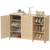 HOMCOM Bamboo Shoe Cabinet with Louvered Doors, 18 Pairs Shoe Storage Cabinet with Adjustable Shelves for Hallway, Natural(m-11)
