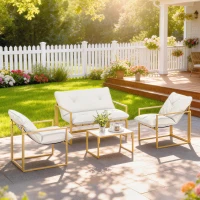 Set mobilier pentru grădină 4 piese Outsunny, set pentru terasă cu masă cu blat din sticlă securizată, canapea, 2 fotolii, Alb(m-8)