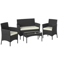 Outsunny Conjunto Muebles Jardín de Ratán Sintético con Sofá Sillones y Mesa de Vidrio Templado y Cojines Negro y Crema(m-1)