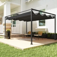 Outsunny Pergolă 3x2 m cu Acoperiș Retractabil, Orificii de Drenaj, Țepușe și Șuruburi, Pergolă de Grădină din Poliester și Metal, pentru Terasă, Curte, Exterior, Negru(m-7)