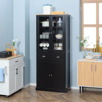 HOMCOM Aparador mueble de cocina armario 4 puertas con 2 puertas de vidrio y 1 cajón estantes regulables - negro(m-6)
