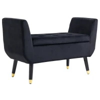 HOMCOM banchetă cu depozitare și cotiere, banchetă tapițată cu aspect de catifea, cufăr cu picioare din lemn, bancă pentru living, dormitor, hol 107 x 42 x 65 cm, Negru(m-1)