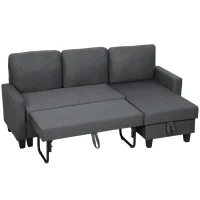 HOMCOM Divano Letto 3 Posti con Chaise e Spazio Contenitore, in Tessuto Effetto Lino, 197x129x85 cm, Grigio Carbone(m-10)