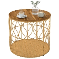Outsunny Tavolino laterale Ø50 cm effetto rattan con piano acacia, Teak