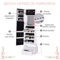 HOMCOM Espelho de joalheiro Armário de joias de pé com luzes LED Gavetas de bloqueio Espelho e dobradiça interior para comédicos 45x36x150cm(m-6)