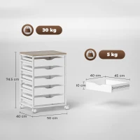HOMCOM Corp birou mobil, mobilier de depozitare pe roți din lemn cu 5 sertare, mânere încastrate, 50 x 40 x 74,5 cm , alb(m-3)