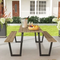 Outsunny Conjunto mesa e bancos de madeira estilo cervejaria, mesa de piquenique em madeira com bancos, 175 cm, furo para guarda-sol, castanho(m-6)