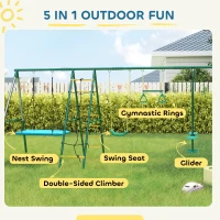 AIYAPLAY 5 w 1 huśtawka z regulowaną huśtawką typu gniazdo, kółkami gimnastycznymi, dwusiedziskiem, ścianką wspinaczkową, dla dzieci 3-8 lat, 440x175x203 cm(m-4)