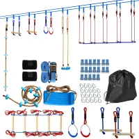 AIYAPLAY Ninja Line dla dzieci, zestaw 24 m Slackline z pierścieniami gimnastycznymi, 7 przeszkodami, mostem do balansowania, dla dzieci w wieku 3-6 lat, czerwony+niebieski(m-10)