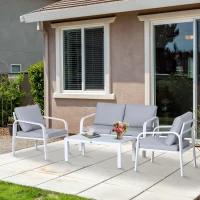 Outsunny Ensemble Salon de Jardin 4 Personnes - canapé 2 Places 2 fauteuils Table Basse - Coussins déperlants déhoussables Gris - Structure alu. Blanc(m-6)