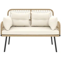 Outsunny Sofá de jardim com almofadas e travesseiros 2 lugares em resina trançada, sofá de exterior com apoios de braço madeira natural(m-7)