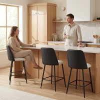 HOMCOM Juego de Taburetes Altos de Cocina con Respaldo y Reposapiés Tapizados de Lino y PU Marco de Acero Negro(m-8)