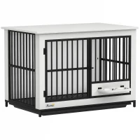 PawHut Cușcă mare pentru câini, acces ușor, închidere cu încuietoare, suport rotativ pentru boluri, pentru câini mici și mari, alb(m-1)