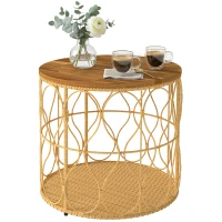 Outsunny Mesa auxiliar Ø50 cm resistente a la intemperie con aspecto de ratán, tablero de madera de acacia, patas regulables Teca(m-6)