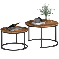 HOMCOM Coffee Table Set of 2, Round Nest of Tables with Metal Frame, Modern Side Tables for Living Room, Rustic Brown(m-10)