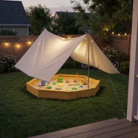 AIYAPLAY Sandkasten mit Dach 4 Sitzbänken Bodenplane für 8 Kinder von 3-8 Jahren für Outdoor Garten Holz 214,5 x 214,5 cm Gelb(m-9)