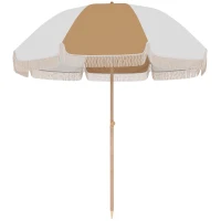 Outsunny Parasol de plage 1,7 m, parasol de jardin inclinable avec ancrage au sable, franges et hauteur réglable, blanc et beige(m-1)