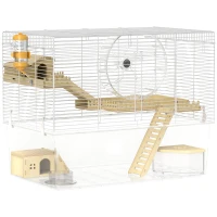 PawHut Cușcă pentru hamster în 3 nivele, cușcă pentru rozătoare cu roată de exerciții, tavă adâncă transparentă, 59 x 35,5 x 47 cm, alb(m-1)