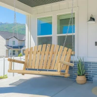 Outsunny Banc suspendu balancelle de jardin 2 places en bois massif assise et dossier à lattes chaînes incluses naturel(m-10)