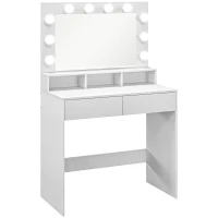 HOMCOM Masă de toaletă cu oglindă iluminată, sertare, 3 opțiuni de lumină, 10 becuri, masă de machiaj modernă în alb(m-1)