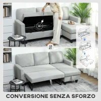 HOMCOM Divano Letto 3 Posti con Chaise e Spazio Contenitore, in Tessuto Effetto Lino, 197x129x85 cm, Grigio e Nero(m-5)