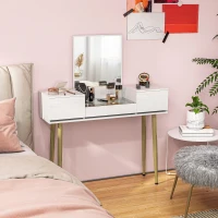 HOMCOM Masă de toaletă elegantă cu oglindă pătrată și sertare organizatoare 105,5x30x130,5 cm Alb și Auriu(m-2)