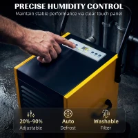 DURHAND Przemysłowy osuszacz powietrza 70L/dzień z kołami i uchwytem, wężem odpływowym, timerem 24-godzinnym, zbiornikiem 5,5L, żółty(m-6)