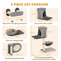 PawHut Etajere murale pentru pisici copac de perete 5 piese 2 cuști hamac platforme zgârietori din sisal gri(m-3)